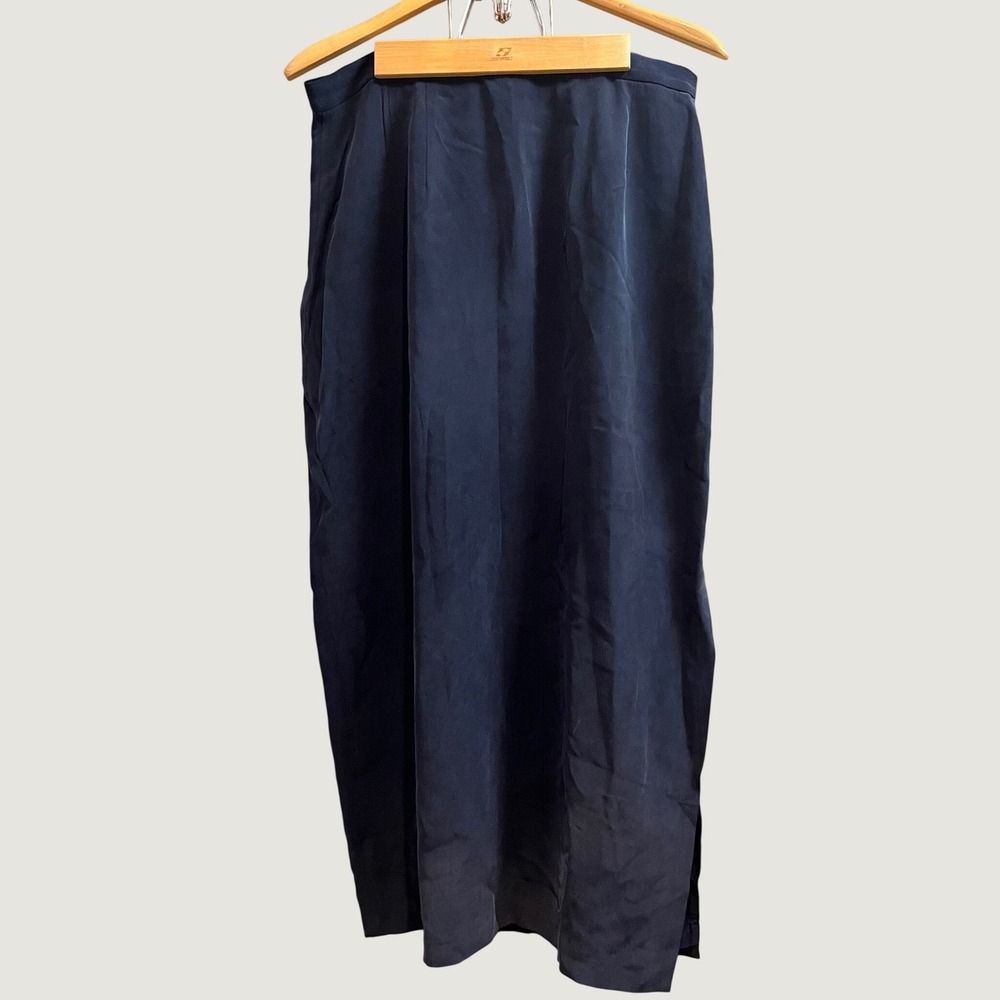 Valerie Stevens Silk Maxi Skirt Women 16 Navy Blue Sandwashed Column Side Slit